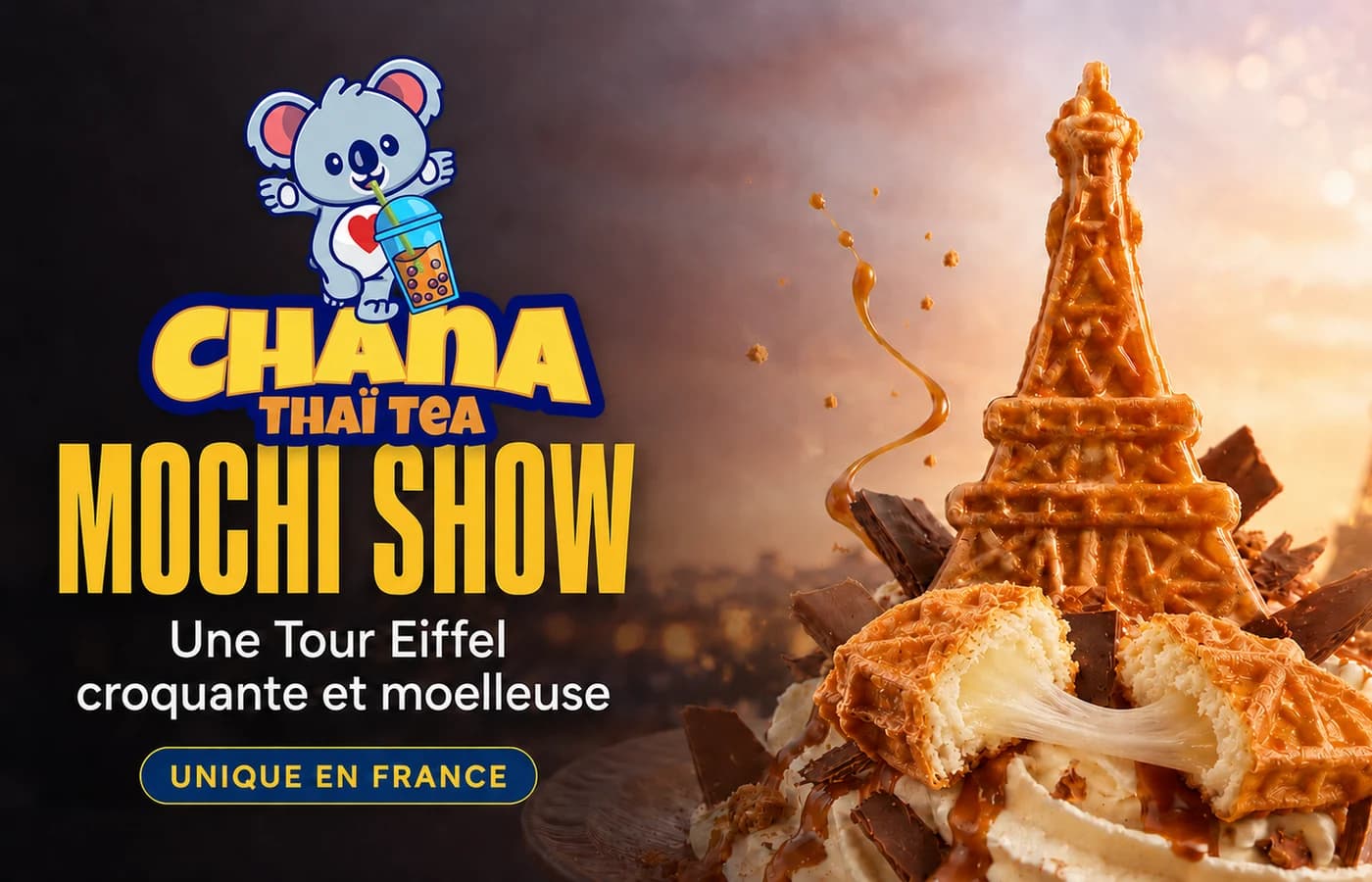 Les gaufres mochi tour Eiffel Chana Thai Tea, dorées, alignées sur le stand